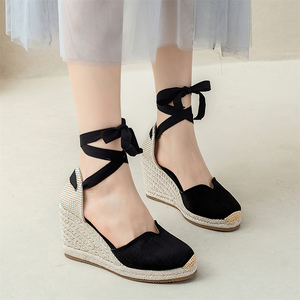 Sandalias de Plataforma con Cuña Negras para Mujer, Parte Superior de Lona Transpirable, Suela de Yute, Calzado Diario, Cierre de Tiras en el <span class=keywords><strong>Tobillo</strong></span>, Antideslizantes, Zapatos de Verano - Product Image 4