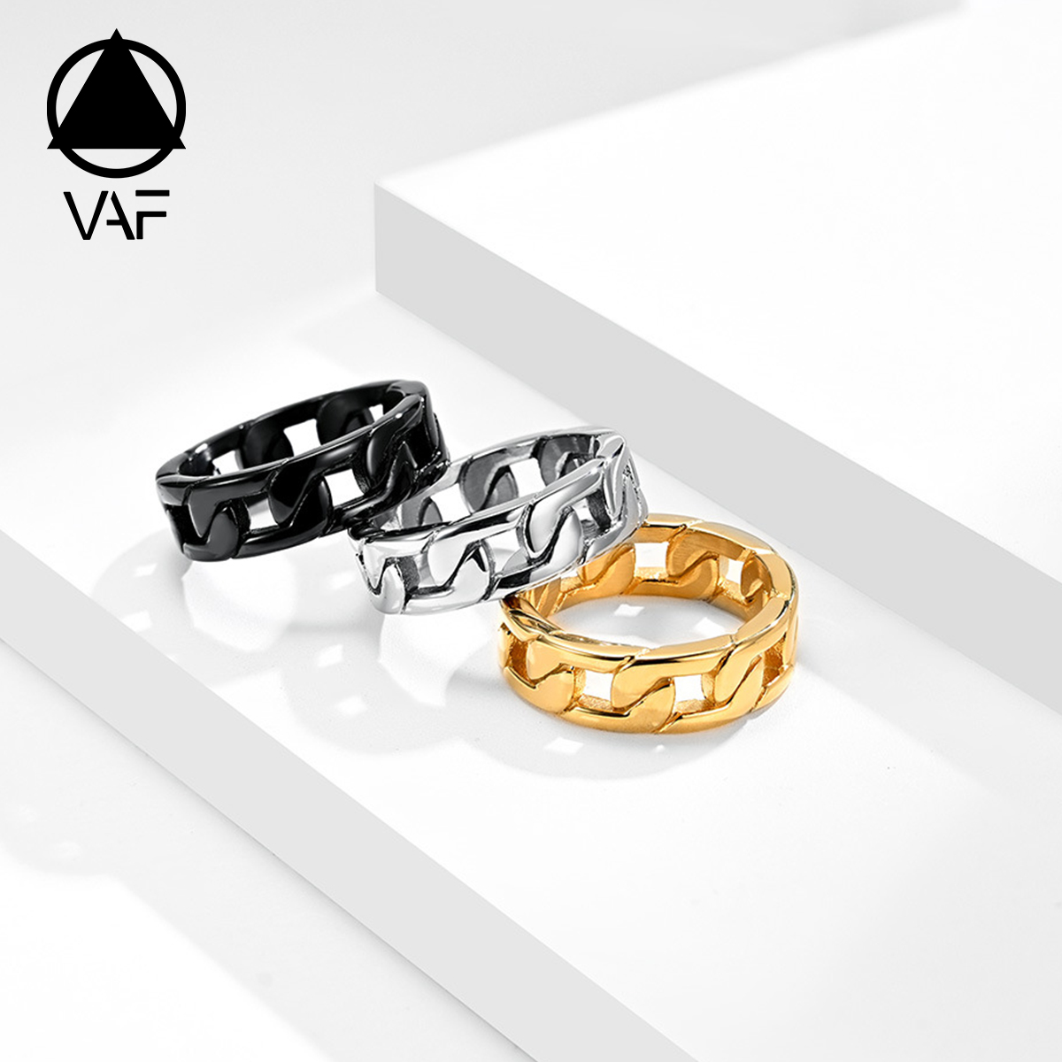 VAF Hip Hop Cuban Link Stainless Steel Ring Gold/Sliver/Black Stylish Fashion Cool Anillo Cubano Acero Inoxidable for Men