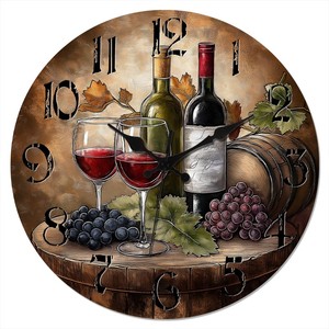 Horloge murale rustique sur le thème du vin, silencieuse, sans tic-tac, avec peinture à l'huile représentant des raisins et des bouteilles, pour la cuisine, le bar, le restaurant, la décoration de la maison - Product Image 1