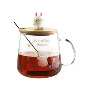 500ml with wooden lid decal heat-resistant boron handle cup spoon bunny glass mug cute girl transparent borosilicate mug stock