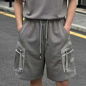 Men's Casual Breathable Quick Dry Polyester/Cotton Zipper Pockets Embroidered Pattern Cargo Shorts with Elastic Waist - Product Image 1