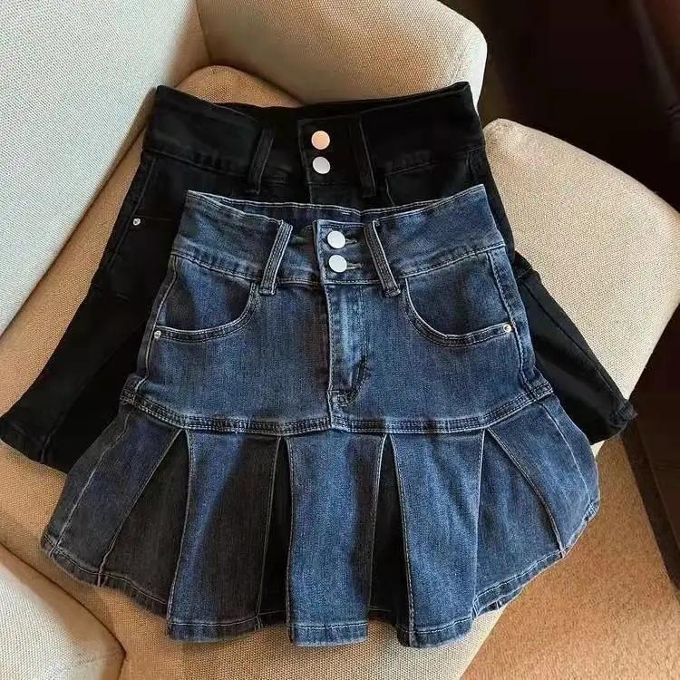 2023 New Summer Kid Girl Solid Black Denim Blue Ruffle Pleated Skirt 3-15  Years