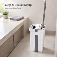 Serpillère plate avec seau essoreur, insert à fentes, manche télescopique en acier inoxydable, tampon en microfibre pour la maison