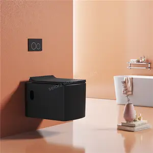 High Quality European Rimless Flush Porcelain Ceramic Wall Mounted Hanging Wc Bathroom Square Matt Black Color Wall Hung Toilet