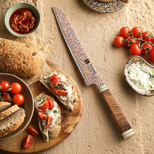 Xinzuo dao thép Damascus đồng sắc nét mới 53 lớp ba màu chất lượng cao padauk Burl xử lý dao bánh mì tùy chỉnh - Product Image 3