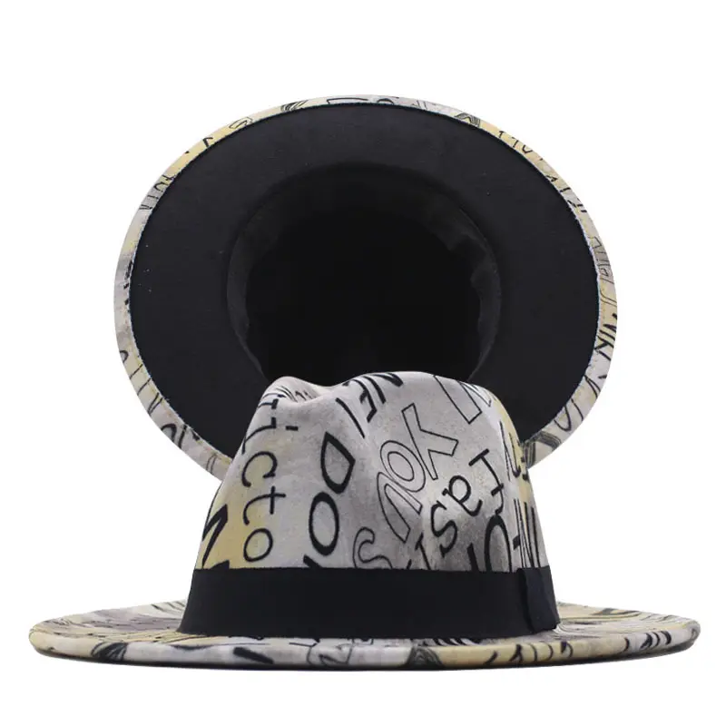 Venta al por mayor Tie Dye Fedora Sombreros de ala ancha Graffiti Alfanumérico Impreso Fieltro Fedora Sombreros con cinta negra