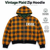 Sweat à capuche zippé pour homme, motif écossais, personnalisé, 480 g/m², épais, vintage, 100 % coton molletonné, grande taille, doublure, effet vieilli, imprimé sérigraphié