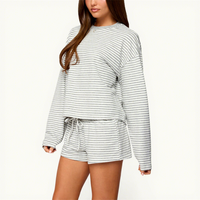 Ensemble de vêtements de détente pour femmes personnalisé, imprimé rayé d'été, haut ample à manches longues, short à cordon de serrage, tenue décontractée en 2 pièces, coton doux