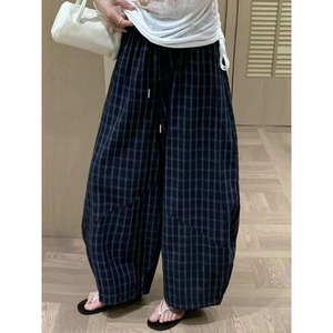 2026 Wholesale Autumn Plaid Cotton Pants High Waist Drawstring Wide Leg Balloon Jeans Baggy Vintage <strong>Trousers</strong> <strong>Women</strong> Plus Size - Product Image 4