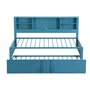 Lit de rangement en bois bleu avec étagères et lit gigogne coulissant pour enfants, adultes et personnes âgées, meubles de chambre multifonctionnels - Product Image 5