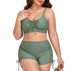 Traje de baño de dos piezas para mujer, talla grande, color sólido, conjunto de bikini de cintura alta con detalle de cordones, ropa de playa para tallas grandes - Product Image 2