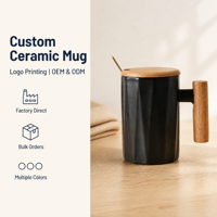 Mug à café en céramique classique avec poignée en bois et cuillère, vierge pour sublimation, cadeaux d'entreprise personnalisés, capacité 301-400 ml