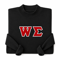 Sweat-shirt à col rond en feutre personnalisé avec lettres grecques brodées, avec le symbole Sigma W rouge et bordure blanche, pour la fraternité et la sororité