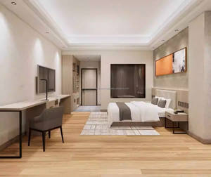 Juegos de dormitorio para hoteles de 3 estrellas, muebles modernos para hostelería comercial con marco de cama de madera económico, escritorio, mesita de noche y armario. - Product Image 3