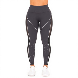 Women’s High Waist Athletic Leggings with <b>Mesh</b> Side Panels Rhinestone Detail and Reflective Piping - Product Image 1