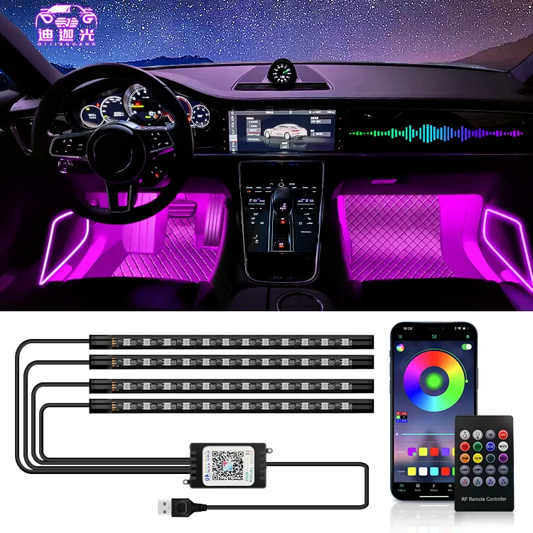 車の周囲照明ストリップアプリまたはリモコンRGB車の雰囲気ライトLedワイヤレスミュージック車のインテリアライトストリップUsb付き