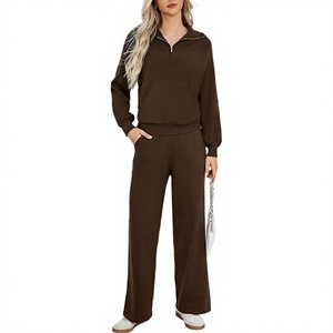 Conjunto deportivo de invierno de 2 piezas para mujer, personalizado, holgado y extragrande, OEM, de felpa francesa de 420 g, con sudadera de cremallera corta y pantalón jogger de pierna ancha - Product Image 1