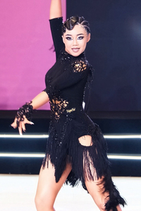 Costume de danse latine Vennystyle en polyester <span class=keywords><strong>noir</strong></span> pour femmes, manches courtes, découpes, plumes, franges, jupes <span class=keywords><strong>tutu</strong></span>, performance, compétition - Product Image 3