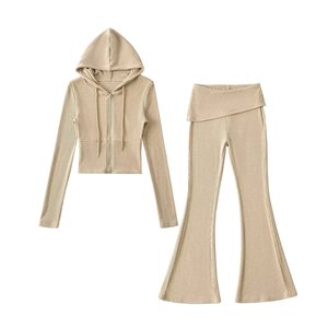 เสื้อผ้าผู้หญิงสำหรับฤดูใบไม้ร่วง - เสื้อมีฮู้ดเข้ารูปเอว & กางเกงขาบานทรงสลิมฟิต ชุดลำลองสปอร์ต 2 ชิ้น แฟชั่น - Product Image 5