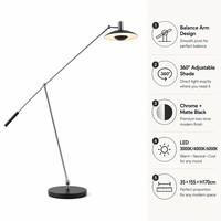 Lampe sur pied LED moderne à bras articulé, abat-jour disque chromé réglable à 360° °   Lampe à tête rotative à lumière chaude pour salon, chambre et bureau