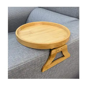 Eco-Friend Bamboo Wooden Foldable Smoke Herb Tray Natural Bamboo Wooden Sofa Arm Clip Table Clip Tobacco Round Rolling Tray
