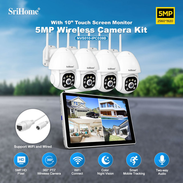 SriHome WiFi Security Camera System 8ch 5MP Camera 10.1 Inch Touch Screen Two Way Audio CCTV Security System