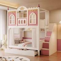 Lit superposé en bois massif pour enfants, style château de princesse moderne, avec escalier de rangement, tiroirs et rideau d'intimité pour chambre de filles