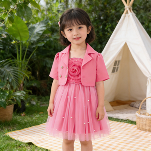 Completo Due Pezzi per <span class=keywords><strong>Bambina</strong></span>: Blazer a Maniche Corte e Abito <span class=keywords><strong>in</strong></span> <span class=keywords><strong>Tulle</strong></span> con Rose 3D, Abbigliamento Casual per Bambine e Ragazze - Product Image 6