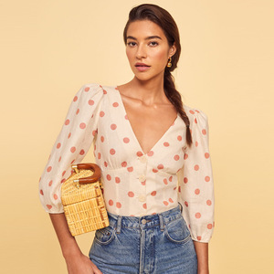 Chemise à col en V en lin rétro française, élégante, coupe ajustée, style décontracté, taille naturelle, en mousseline de soie, collection été 2021 pour femmes NR211 - Product Image 6