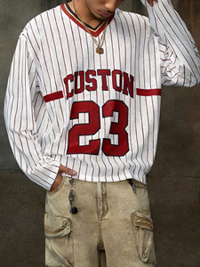 LTD-MTL1007 T-Shirt a Maniche Lunghe con Scollo a V, Stile Vintage Varsity, Alta Qualità, Basso MOQ OEM, Stampa Personalizzata e Ricamo - Product Image 1