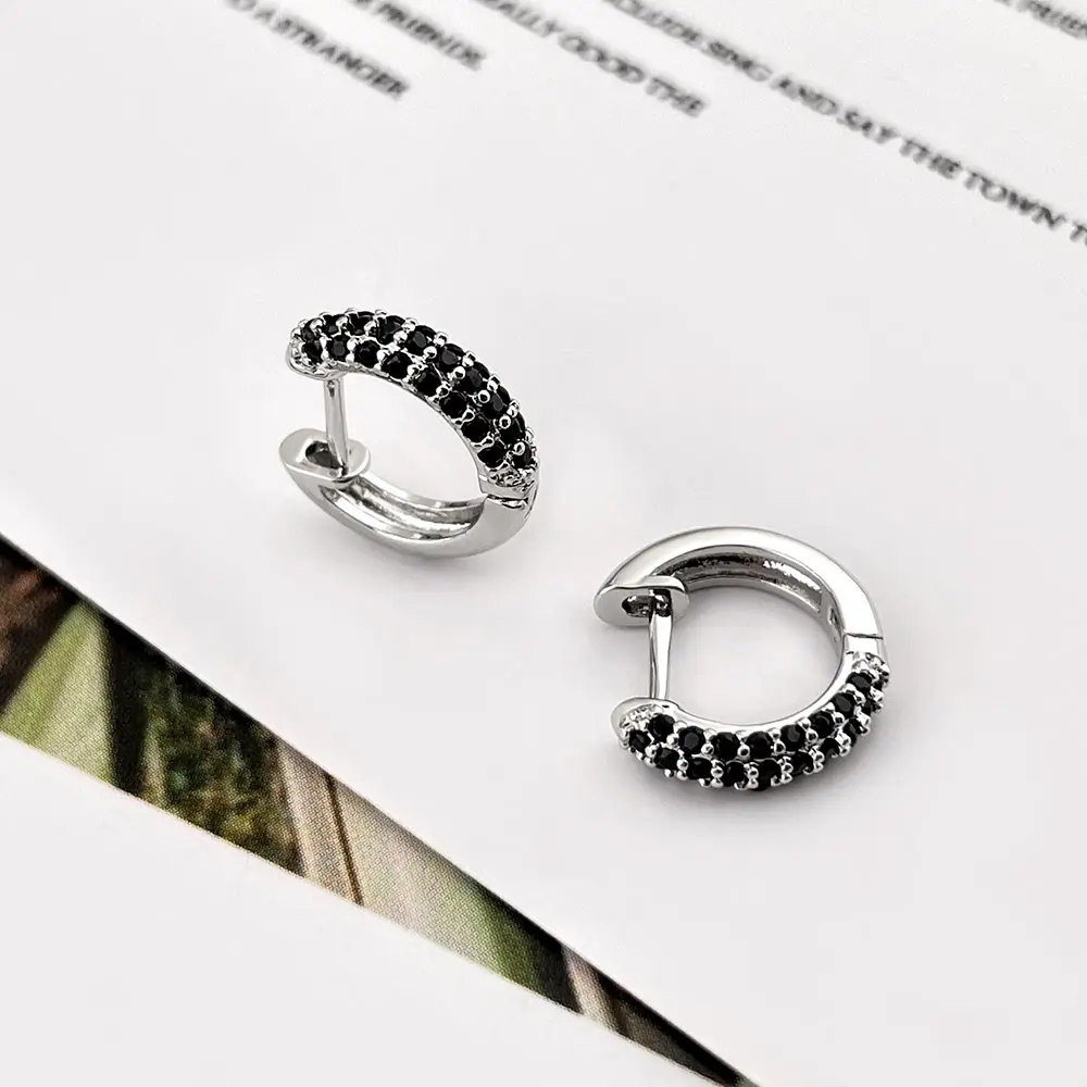 FOXI producer S925 orecchini in argento platino rodiato cz orecchini in pietra nera piccoli orecchini a cerchio in argento 925