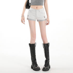 Nouveau short en jean imitation rétro coréen pour femme 2026, coupe trapèze, taille basse, grande taille, style workwear imprimé, idéal pour l'été - Product Image 5