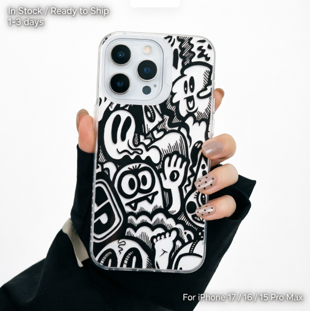 Cool Black White Cartoon Graffiti Monster Pattern Matte TPU Case, Trendy Soft Phone Cover for iPhone 17 16 15 14 13 Pro Max