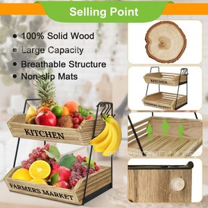 Cesta de Frutas de Madera de 2 Niveles, Estante de Almacenamiento para Cocina, Gran Capacidad, Estilo Mercado de Agricultores, Organizador de Encimera - Product Image 4