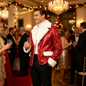 Costume de Noël pour <span class=keywords><strong>homme</strong></span> East Costumes, veste à paillettes rouge, blazer de Père Noël, col et poignets en fausse fourrure, poches, <span class=keywords><strong>tenue</strong></span> de fête festive - Product Image 6