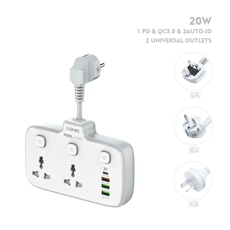 Ldnio SC2413 Hot Sale 2 Universal Outlets Eu Uk US 20W PD Charger And QC 3.0 Quick Charger Power Strip