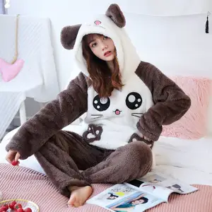 Offre Spéciale nuisette noël pyjama chaud mignon dessin animé brodé flanelle vêtements de nuit à capuche ensemble plus épais hiver pyjamas femmes