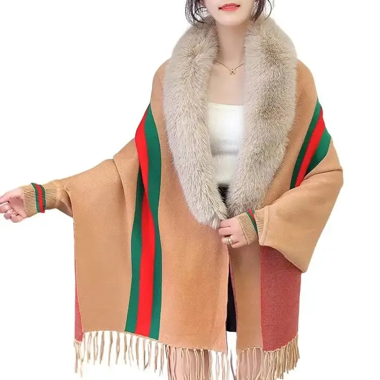 Elegante Dames Wollen Sjaal Poncho Kwastje Capes Warme Herfst Winter Lange Mouw Streep Dames Gebreide Vest Sjaals Met Bontkraag