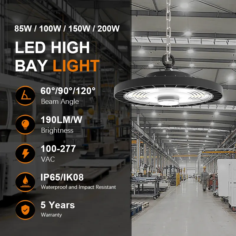 Lâmpada de armazém de fábrica comercial e industrial 100W 200W Highbay Linear Ufo LED High Bay Light