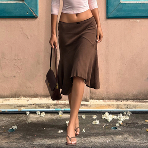 Falda midi estilo americano, color marrón, cintura baja, tejido de punto, corte de cola de pez, estilo relajado, vintage, simple, versátil, informal. - Product Image 2