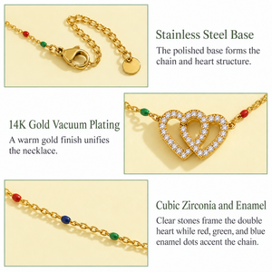 Collier double cœur en acier inoxydable plaqué or 14 carats, zircone cubique, chaîne en émail coloré - Product Image 4