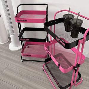 Chariot utilitaire moderne robuste à 3 niveaux en maille, avec roulettes pivotantes à 360°, rose Kpop et noir, chariot de rangement polyvalent, le plus vendu - Product Image 1