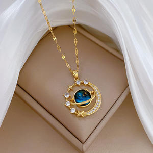 Collier <span class=keywords><strong>en</strong></span> acier inoxydable avec pendentif planète ciel étoilé, entièrement serti de zircons, chaîne <span class=keywords><strong>en</strong></span> bambou, chaîne de clavicule, polyvalent pour le quotidien - Product Image 3