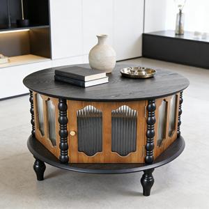 Mesa de Centro Redonda de Tres Puertas con Almacenamiento, 31.5 Pulgadas, Chapa de Madera Real, para Sala de Estar o Apartamento - Product Image 6