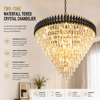 Lámpara Colgante Moderna YH de Cristal Transparente con Prisma de Latón Negro y Dorado, Lámpara de Araña Redonda de Cristal en Cascada para Vestíbulo de Villa u Hotel
