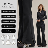Pantalon de survêtement évasé avec fente latérale, taille haute, coupe cloche, doublure polaire douce, pour femme, style basique confortable, vêtement de yoga uni
