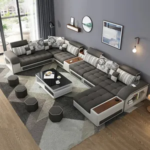 Modern Design Waterproof Fabric Wooden Classic Blue Floor Hotel 7 Seater Sectional Sofa Set Furniture Couch Living Room Sofas