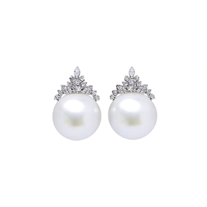 Orecchini pendenti E3632 in oro bianco con perle e diamanti taglio marquise, design a corona, stile classico da donna per matrimonio - Product Image 1