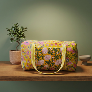 Yellow Large Quilted Weekender Duffel <b>Bags</b> Cotton Block Printed <b>Overnight</b> <b>Bag</b> Grocery Shopping Travel Handmade Zipper Women - Product Image 4