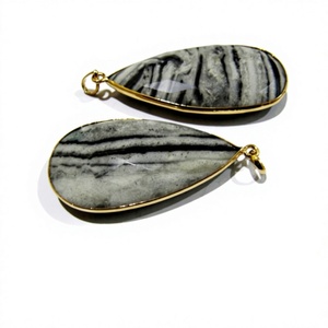 Colgante con Conector de Ágata Cebra Natural en Forma de Pera Briolette Facetada, 22x45 mm, Gema Única y Rara con Engaste en Bisel - Product Image 1